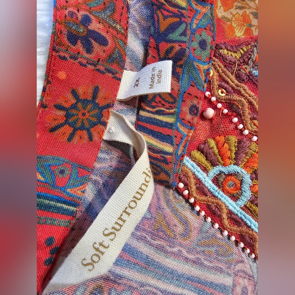Soft Surroundings Red Paisley Midi Dress with Blue Trim - Picture 7 of 9